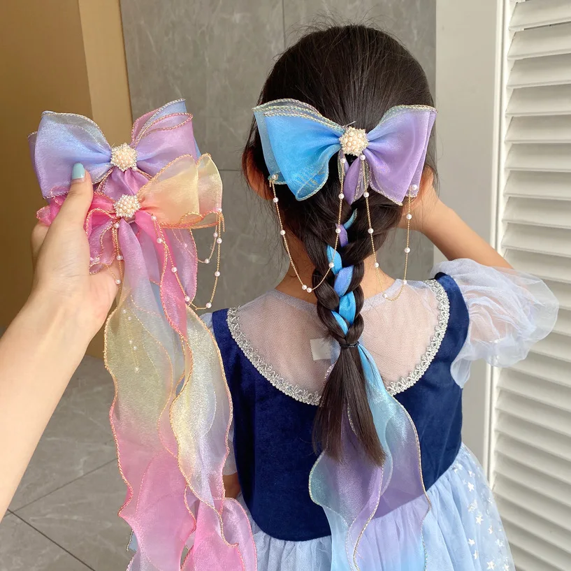 Colorful Chiffon Bow Ribbon Hair Clips Children Sweet Hairpins Girls Princess Bow Tassel Clips Summer Fashion Hair Accessories