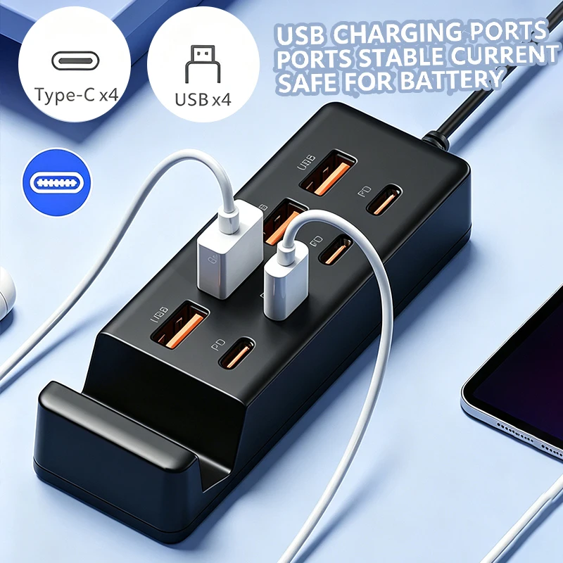 [8-Terminal Station Fast Charging USB Hub] Equipped with 4 USB and 4 PD Ports | 66W Fast Charging Data transmission, Suitable fo