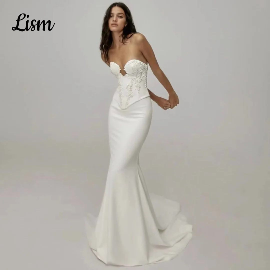Lism Customized Eelegant Wedding Dress Embroidery Appliques Corset Ivory Satin Train Mermaid Modern Bridal Gown Customized 2026