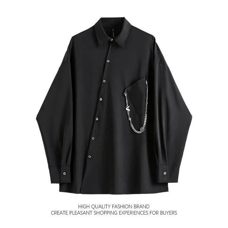 Loose Retro Shirt Diagonal Placket Asymmetric Metal Chain Pendant Long Sleeved Blouse Unisex High Street Neutral Black Lapel Top