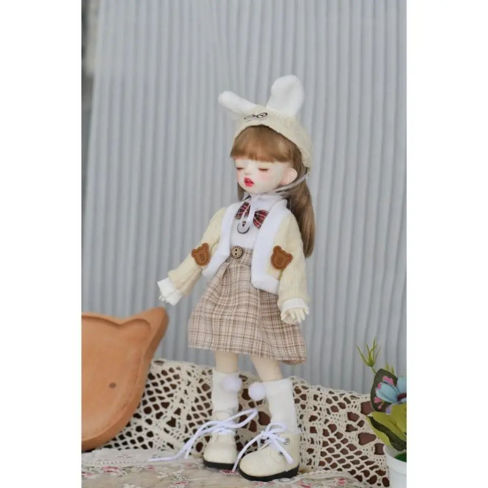 

30cm Confused Bear Winter Suit 1/6 Bjd Baby Clothes Baby Beige Lovely Warm Baby Clothes Set Halloween Christmas Gifts for Girls