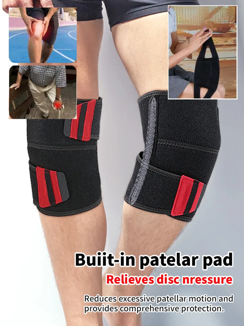 Sportliche Patellar-Kniebandage. Schwarze und rote warme Kniebandage. Kompressions-Sportbandage. Weiche und stoßdämpfende selbstklebende Klammer