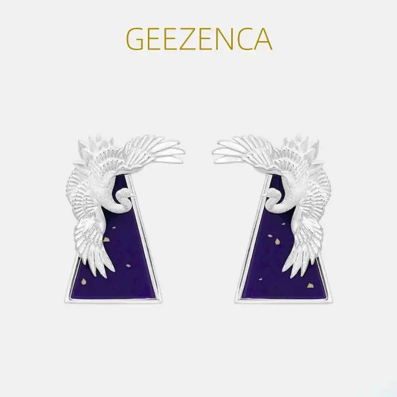 

GEEZENCA 925 Silver Crane Lapis Lazuli Mountain Detachable Earrings For Women Bird Chic Vintage Chinese Style Earring 2023 New