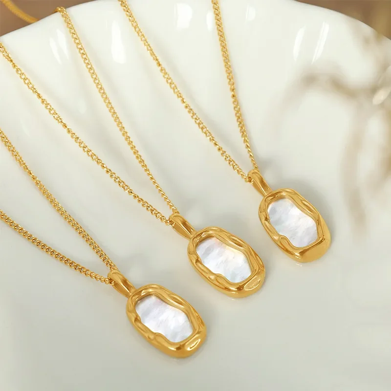 Fashion Double-sided Natural Shell Cast Ellipse Pendant Necklace Gold Color Stainless Steel Chain for Women Waterproof Jewelry