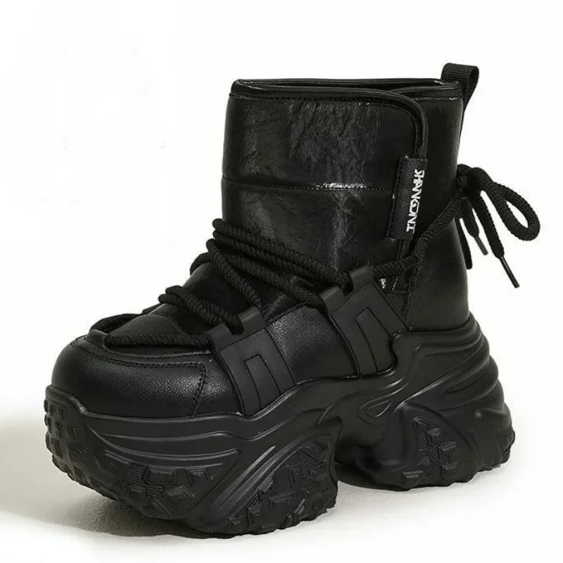 

10CM Retro Synthetic Leather Snow Heel Autumn Women Motorcycle Ankle Booties Winter Snow Warm Fur Boots Platform Flats Shoes