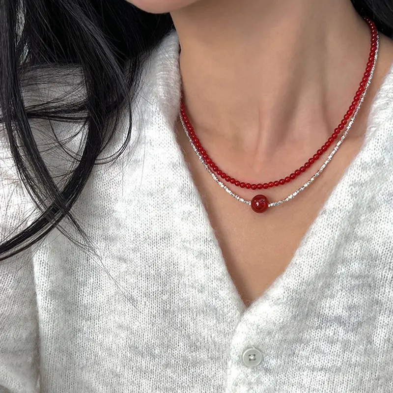 Minar French Silver Water Wave Chain Red Agate Beads Heart Beaded Pendant Necklaces for Women Gold Silver Plated Sweater Chain