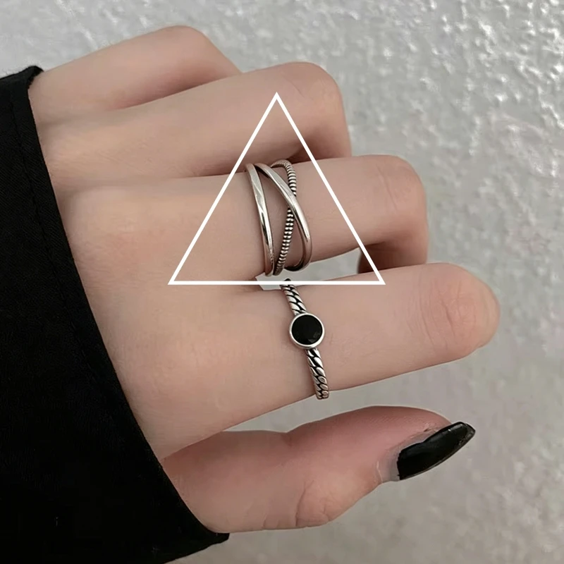 Women's 925 Sterling Silver Adjustable Black Stone Stackable Ring