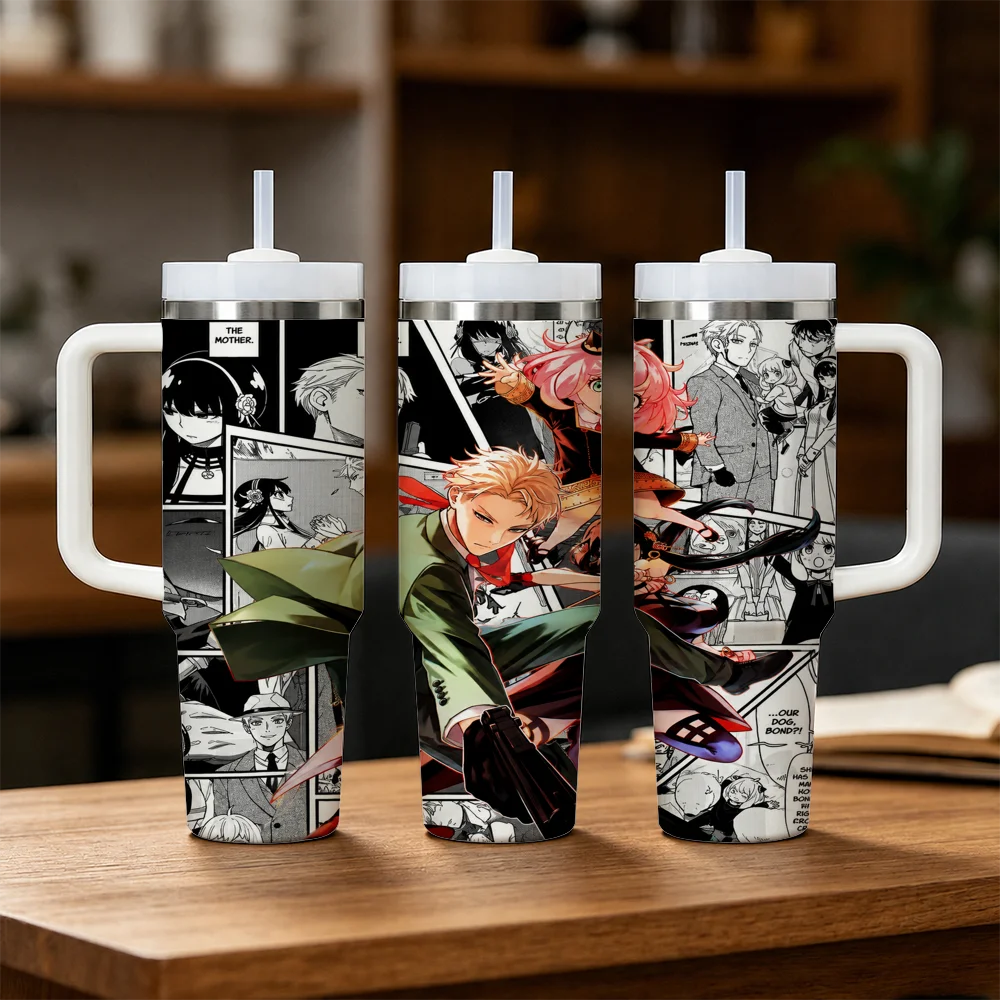 Anime S-SPY f-FAMILY Vacuum Flasks 40oz Stainless Steel Insulated Tumbler With Handle & Straw Leakproof Travel Mug
