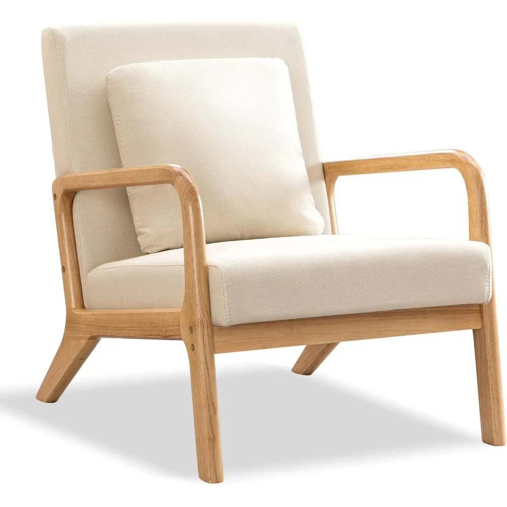 Mid-Century Modern Accent Chair with Lumbar Pillow,Upholstered Armchair,Linen Fabric Comfy Reading Chair, Lounge Side C