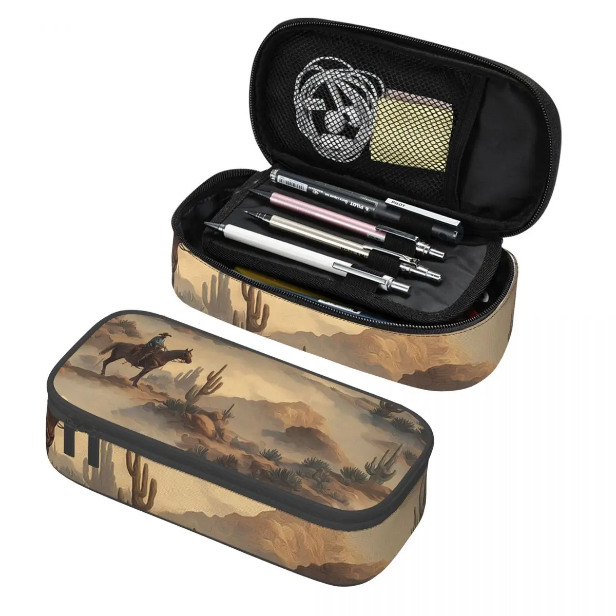 

Cowboy In Desert Western Landscape Pattern Pencil Cases Pen Holder Storage Stationery Large Capacity Pen Box Pencil Bag for Kids