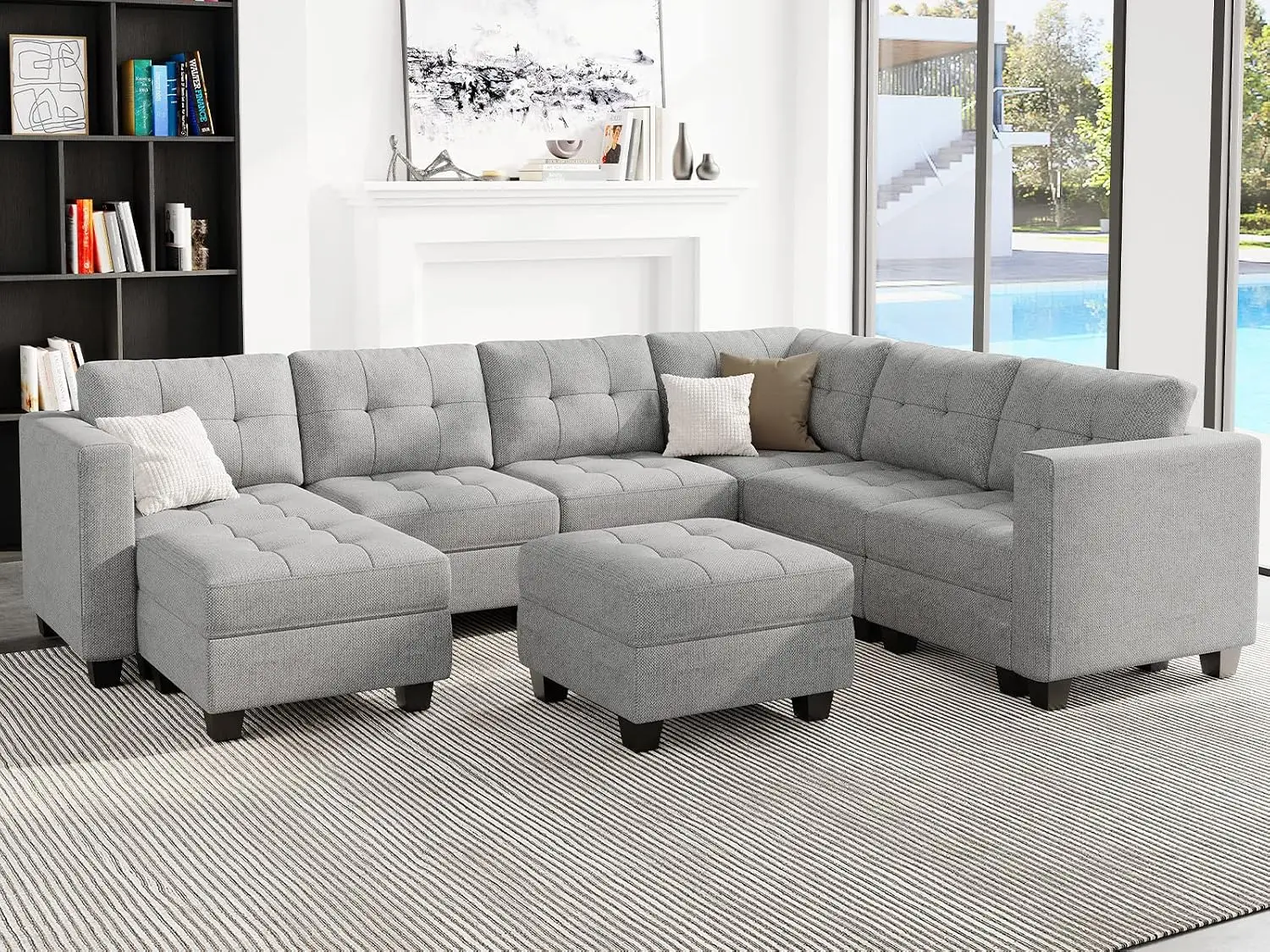 Modular Sectional Sofa with Storage Ottoman Oversized U Shaped Set Reversible Chaises Modern Fabric Light Grey, Customized