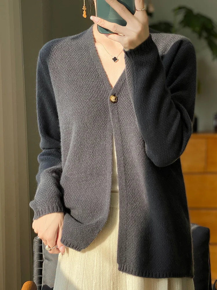 Women's Sweaters Cardigan V-neck Long Sleeve 100% Merino Wool Knitwear Single Button Grace Cashmere Spring Autumn Clothing Tops