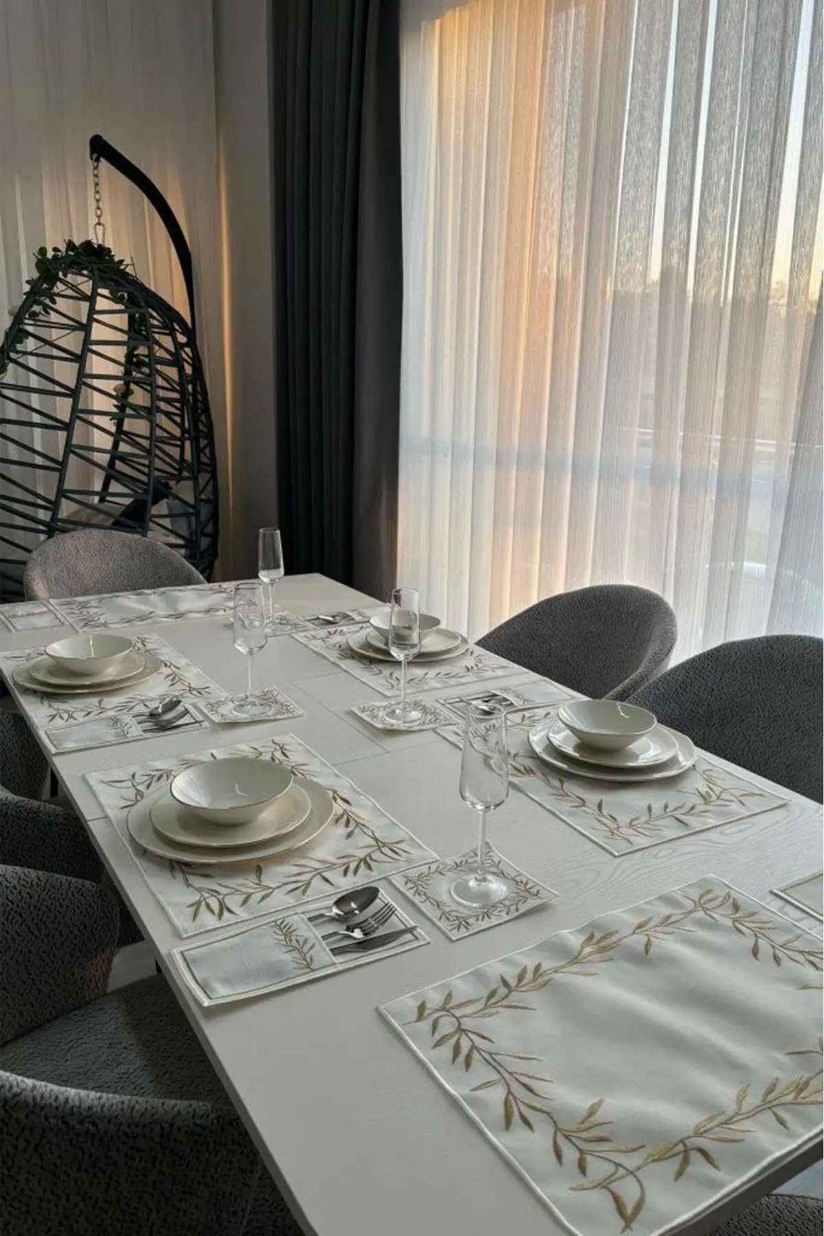Nazlım Linen Embroidered Placemat Set - 19 Pieces - Gold Color - Includes 6 Placemats (18.9 x 13 in), 6 Cocktail