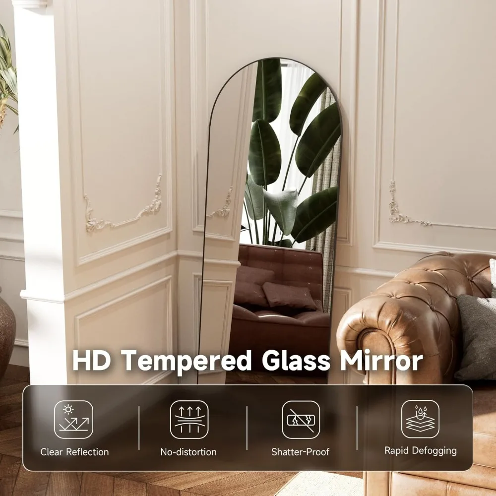 Large Floor Standing Arched Mirror, 64x21 Inches, Black Tempered Glass, Wall Hanging Mountable Body Length Mirrors with Aluminum