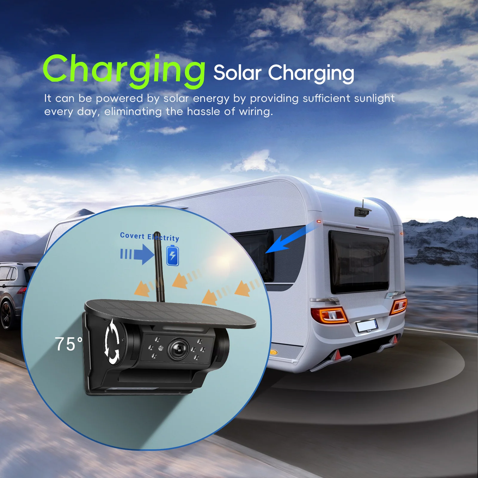Telecamera per auto wireless con alimentazione solare e connessione WiFi, risoluzione 720P HD, visione notturna a infrarossi, montaggio magnetico, impermeabile, per registrazione video anteriore e
