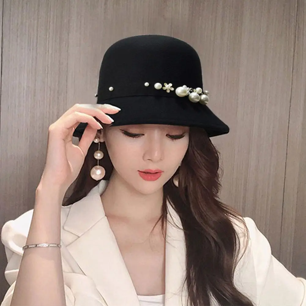 

British Vintage Wool Top Hat Women Elegant Pearl Ribbon Solid Color Church Hats Dome Felt Wedding Church Jazz Caps Ceremony Cap