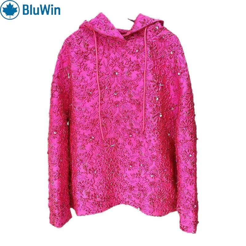 

URBANCHIC 2025 New Star Jacquard Sweatshirt Dress Women Heavy Duty Beading Drawstring Hooded Long Loose Tops Outerwear
