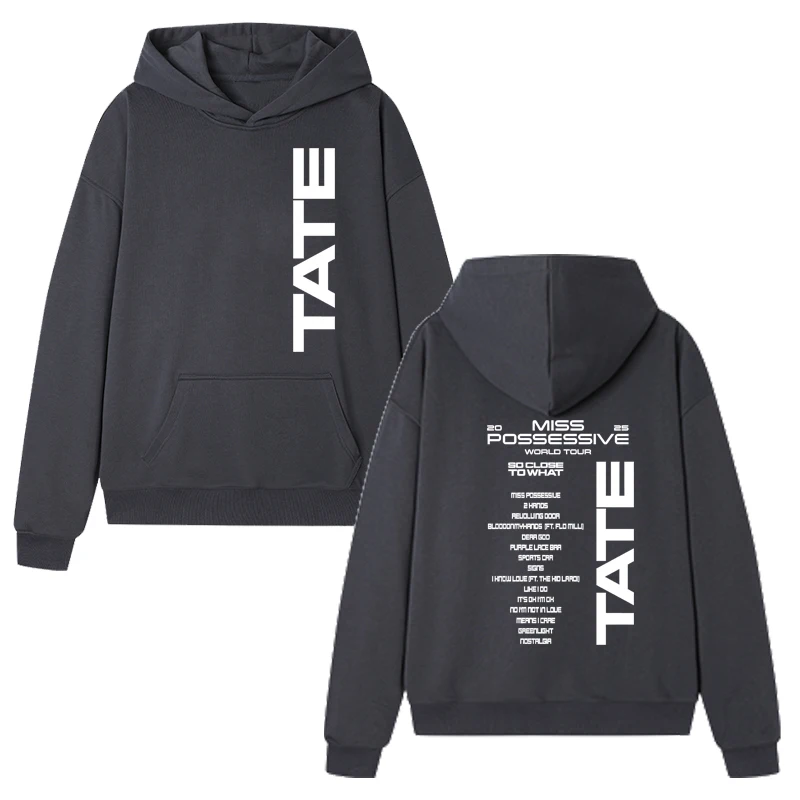 2025 Tate McRae Sudadera con capucha estampada de doble cara para hombre y mujer, jersey informal a la moda, sudadera de manga larga de lana Unisex para Otoño e Invierno