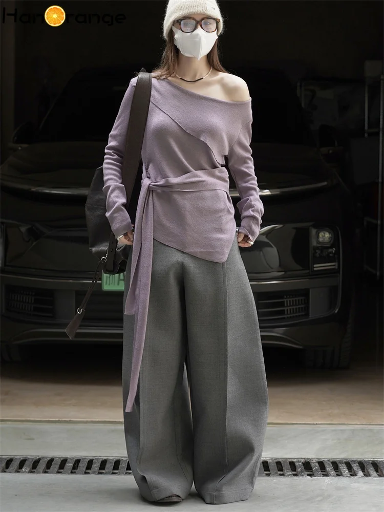 HanOrange 2025, Herbstmode, Laziness, unregelmäßiger Riemen, Spleißen, Pullover, Damen-Top, Aprikose/Lila