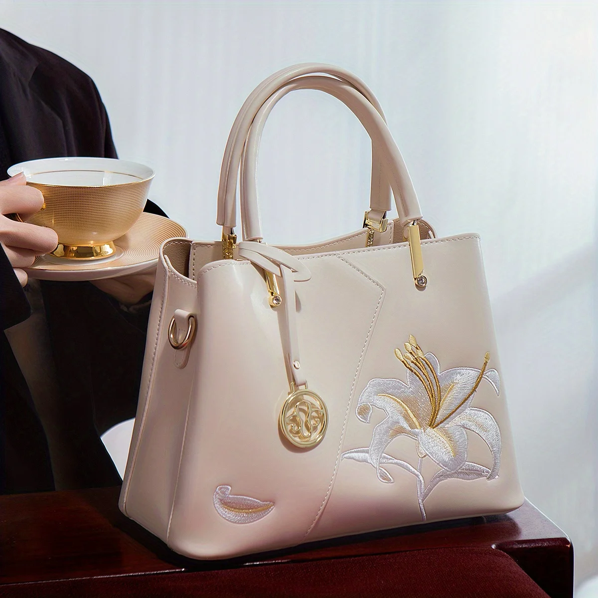 Luxurious Embroidered Handbag with Lily Flower Pattern, Pefect Match for Qipao and Other Traditional Dresses