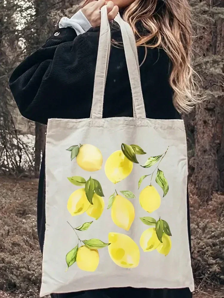 1pc Fruit Lemon Pattern Women Shopper Bags Tote Bag Canvas Plant Travel Shoulder Handbag Shopping Bag