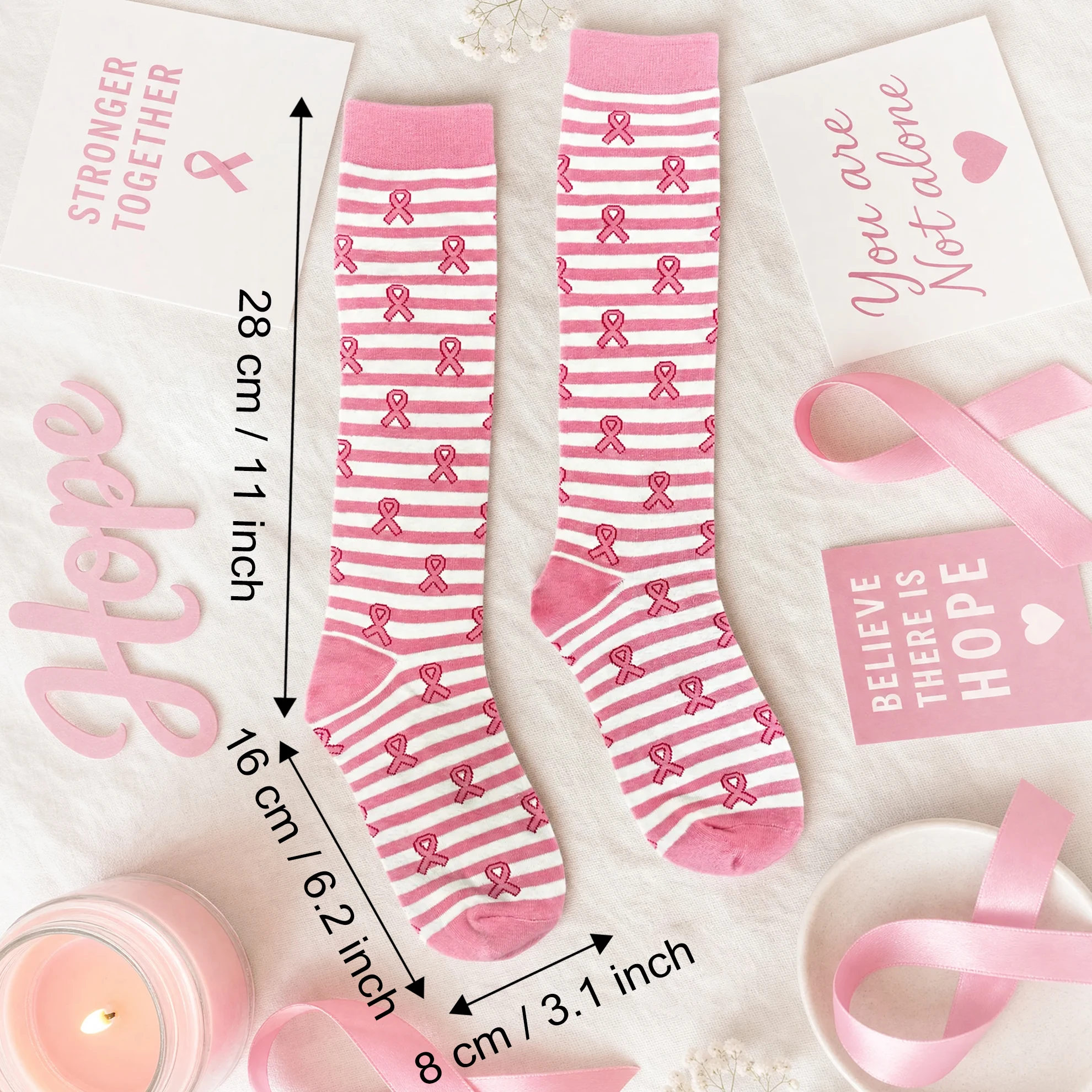 3 Pairs Breast Cancer Awareness Long Calf Socks Set, Perfect Gift For Ladies, Mothers, Daughters, Teams, Breast Cancer Warriors