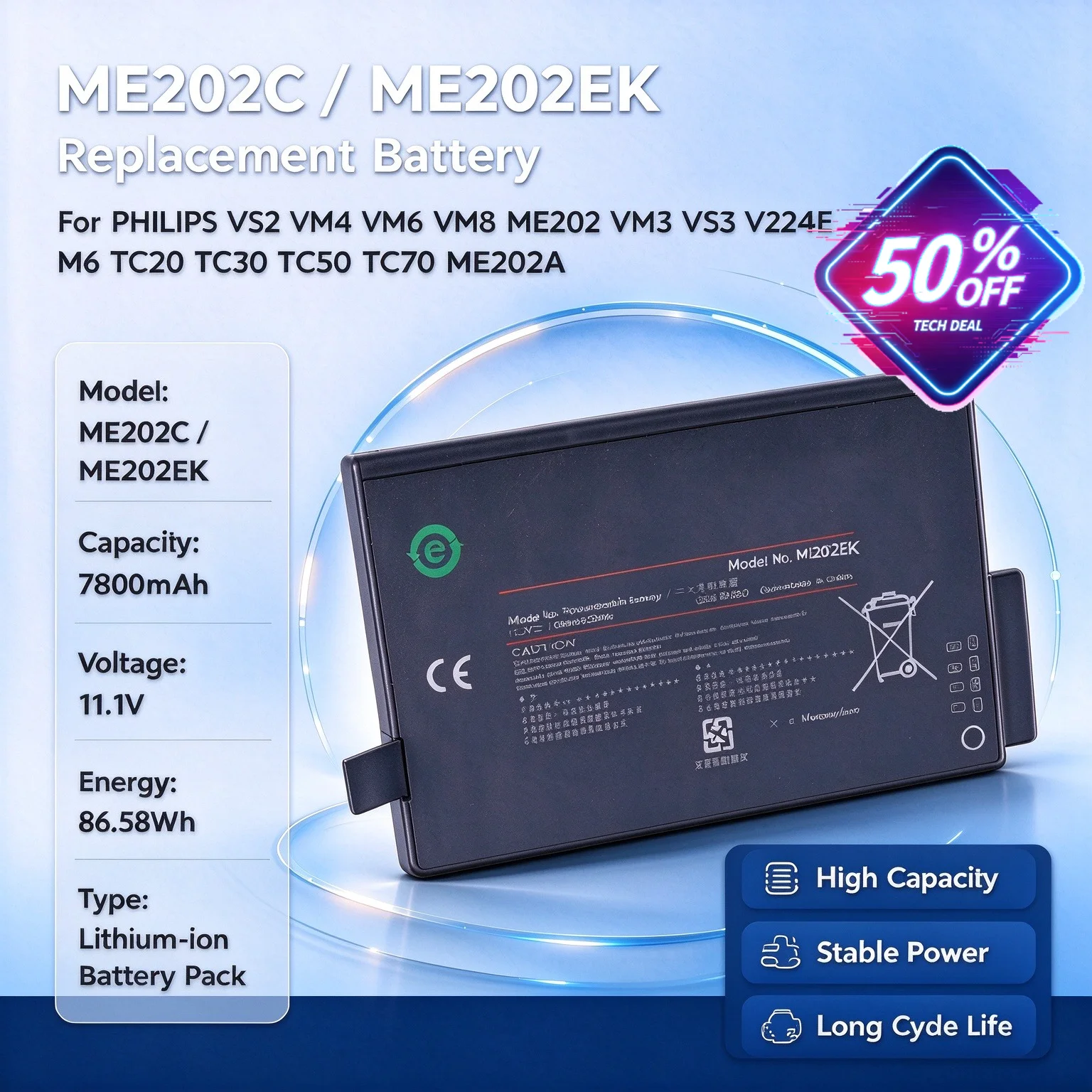 ME202C ME202EK 7800mAh 11.1V Replacement Battery For PH ILIPS VS2 VM4 VM6 VM8 VM3 VS3 V24E M6 TC20 TC30 TC50 TC70 ME202A