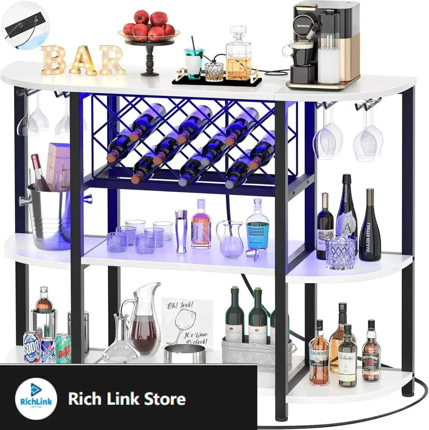 Bar Table Cabinet with Charging Station,Wine Rack Table with LED light and Storage, Freestanding Floor Bar Cabinet for Liquor