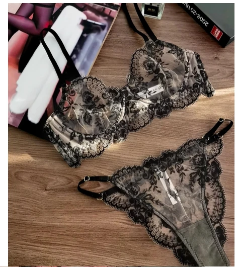 Sexy lingerie briefs temptation ultra-thin brassiere thong see-through private bra set gathered two rows of buckle bralette