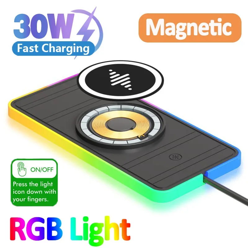 Caricabatterie Wireless per auto magnetico da 30W caricabatteria da auto antiscivolo leggero RGB per iPhone 15 14 13 X Samsung Xiaomi Airprods