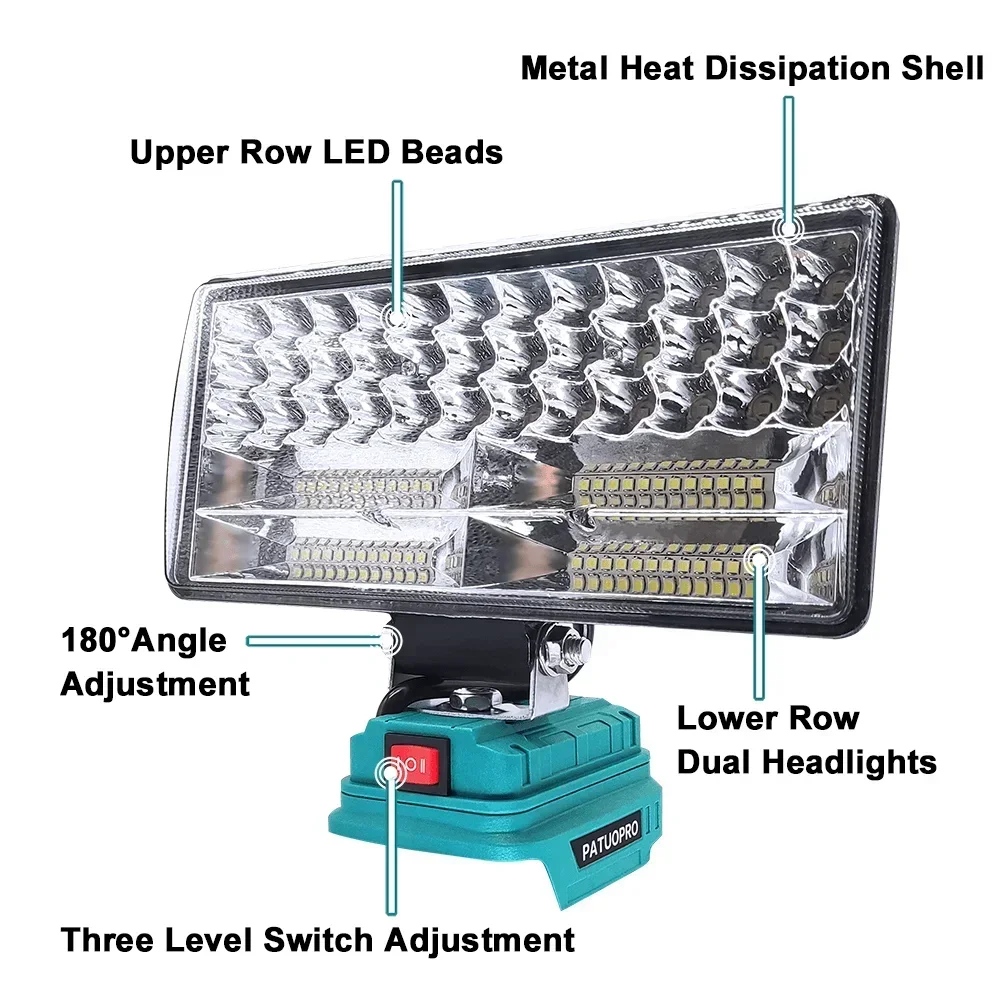 デュアルUSBベースのポータブル懐中電灯,84個のLEDライト,屋外照明,非常灯,18Vバッテリー,バッテリーなし