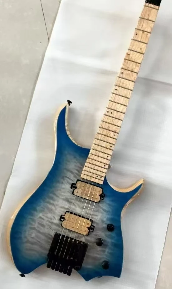 Solid Top Maple Mahogany 6 Large Flower Veneer Blue Black Gradient Color New Headless Elm Wood Body Electric Guitar Fingerboard
