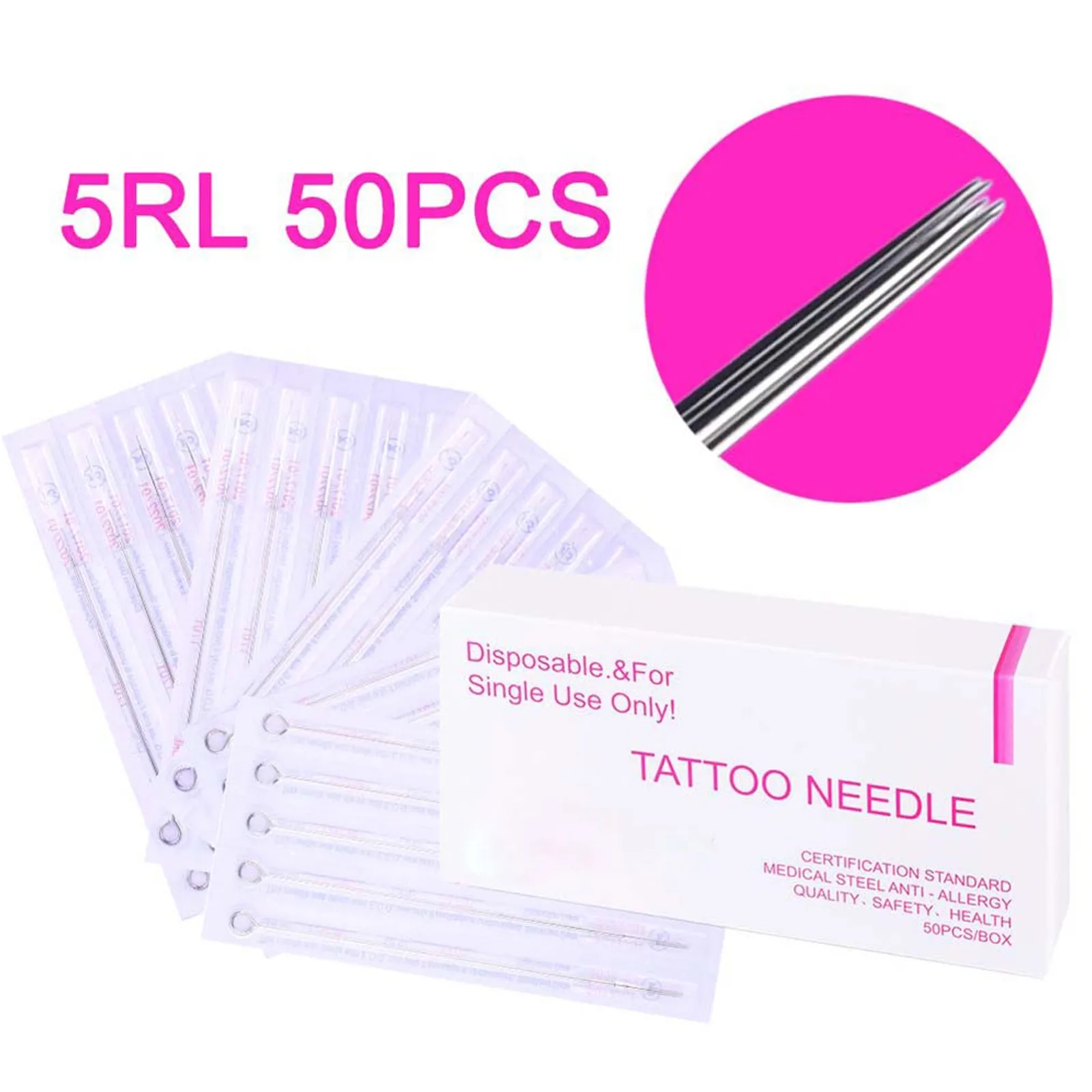 

50pcs 5Rl Disposable Tattoo Needles Sterile Stainless Steel Round Liner Secant Bars For Line Work Coloring 5Rl Needles