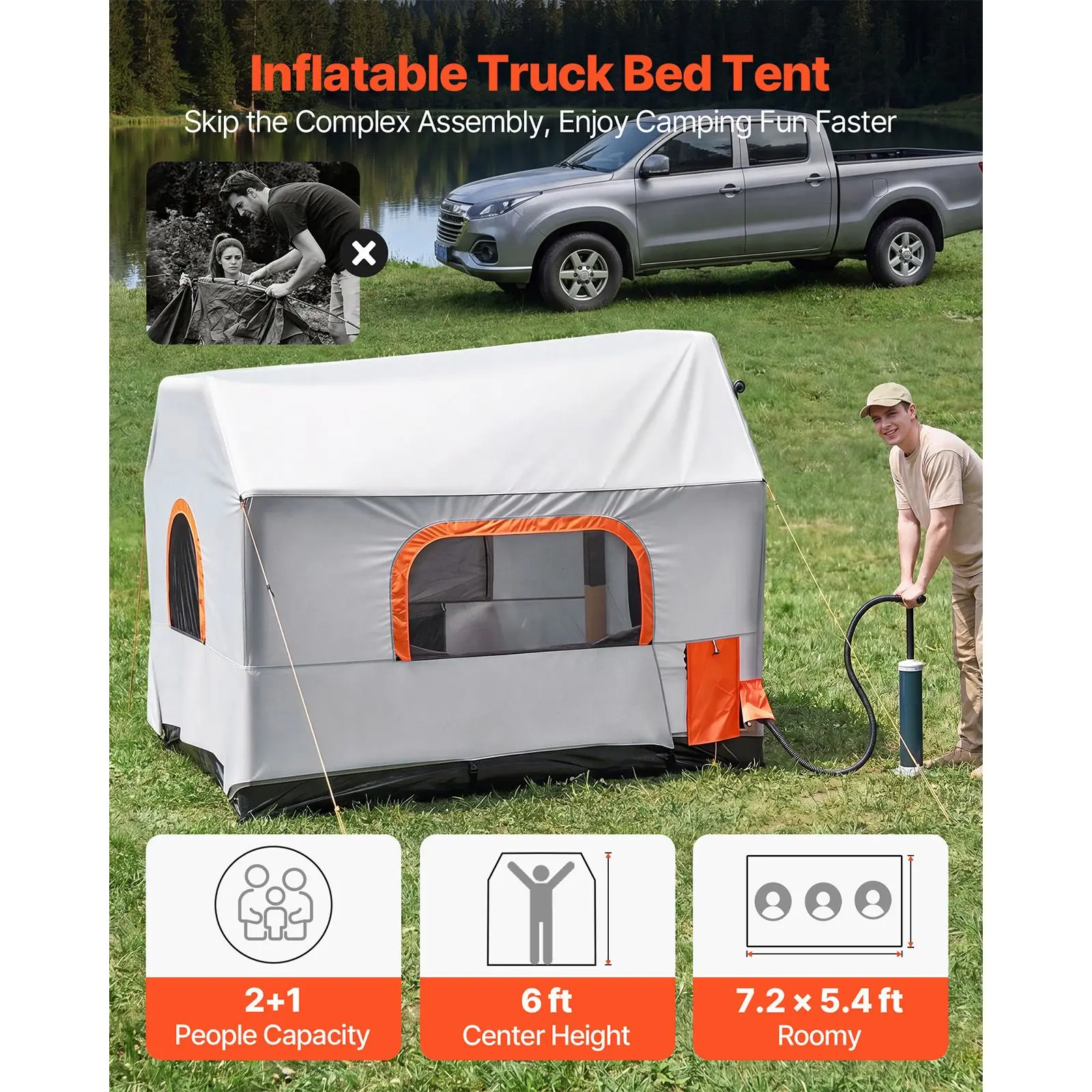 Inflatable Pickup Truck Tent, 7.2 x 5.4 FT 3-Season Truck Bed Tent with Ventilated Mesh Windows, PU2000mm Waterproof Pickup Camp