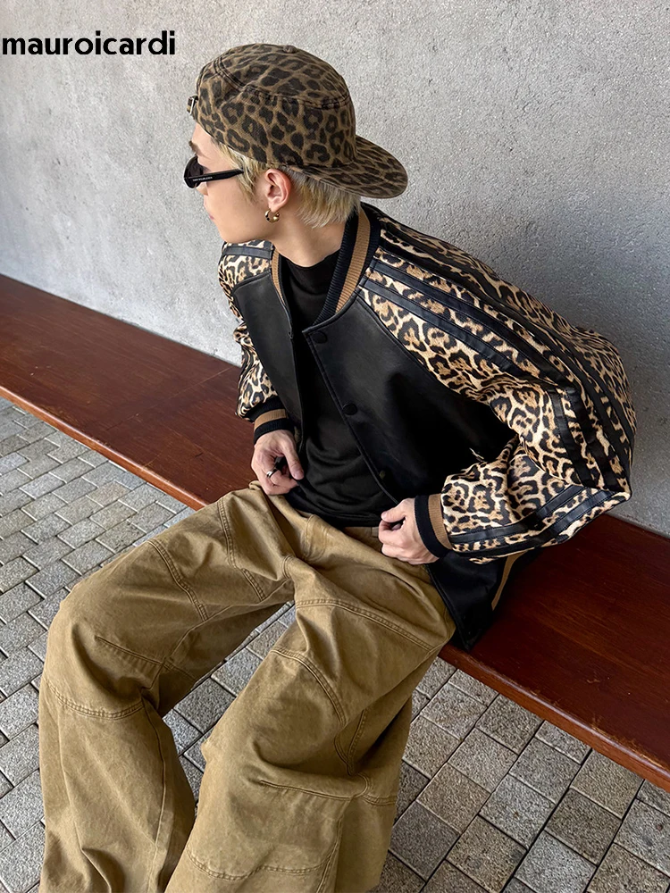 Mauroicardi Spring Autumn Cool Short Leopard Print Patchwork Black Pu Leather Jacket Men Zipper Fashion Baseball Clothes