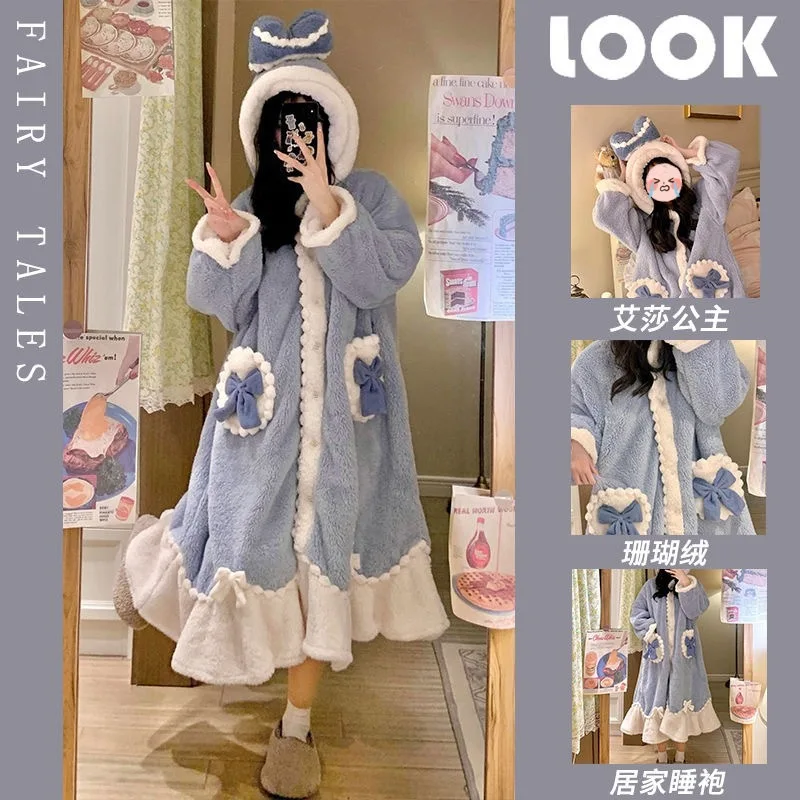 Princess style nightgown, women's autumn and winter coral fleece thick sleepwear, for outerwear, home clothes, bathrobe
