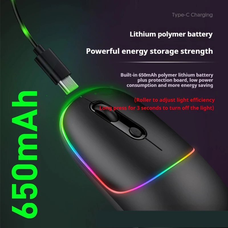 Design Ergonômico de Luminescência RGB para Broadcom, Sem Fio, Bluetooth 5.0, 2.4g, Mouse de Modo Duplo, Carregamento Tipo C, Compacto, Portátil