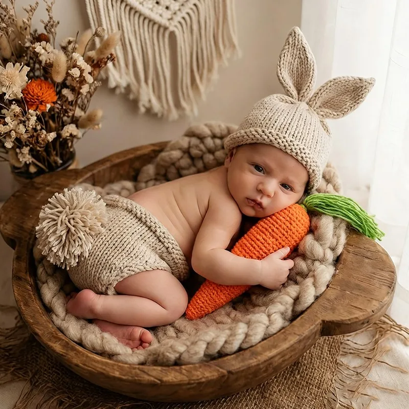 

Набор для фотосессии новорожденных из 3 предметов: костюм кролика, вязаная крючком шапочка, шорты и морковка, ручная работа