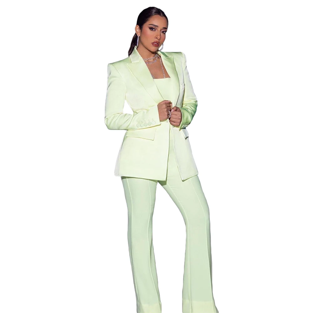 Light Green Women Blazer Suits 2 Pieces Peaked Lapel Pocket Jacket Flare Pants One Button Fashion Party Casual Set