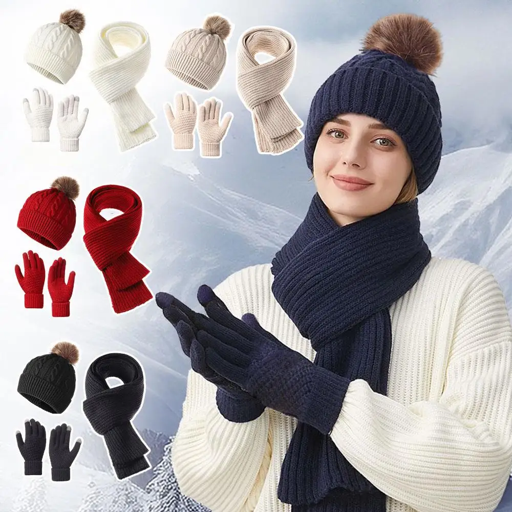 

3 Pieces Set Winter Outdoor Windproof Warm Knit Muffler Hat Mittens Fur Ball Pompom Beanies Neck Warmer Knitted Hat Scarf Gloves