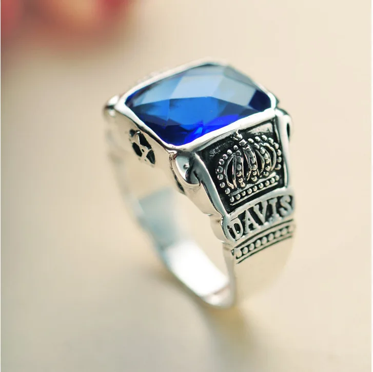 S925 Pure Silver Retro Personality Blue Crystal Hexagonal Star Crown Ring Thai Silver Men's Domineering Punk Jewelry