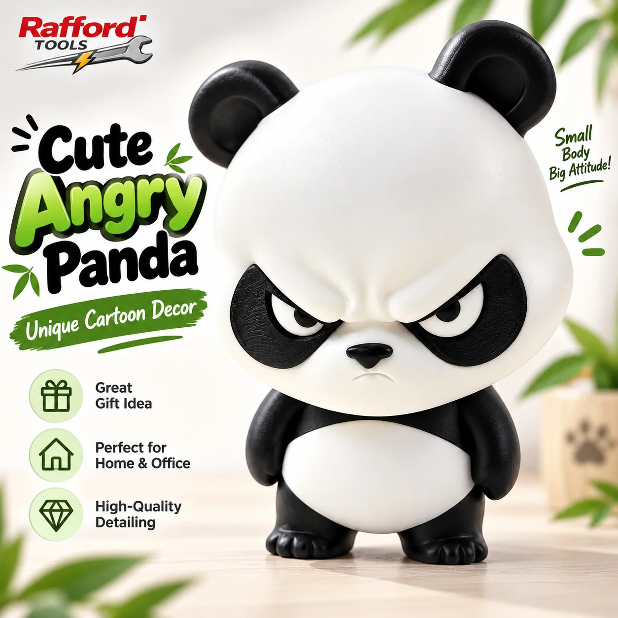 Rafford Angry Panda Figurine Cute Cartoon Desktop Ornament Black White Panda Statue for Home Office Desk Decor Gift Collection