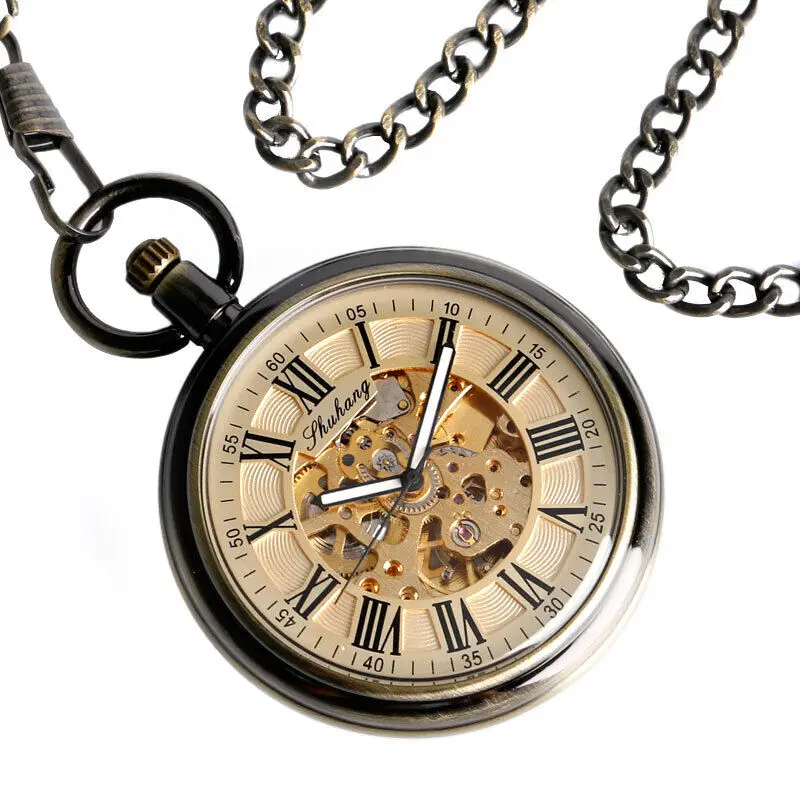 

Luxury Vintage Style Open Bronze Tone Case Automatic Mechanical Wind Up Men's Pocket Watch w/Chain Nice Gifts