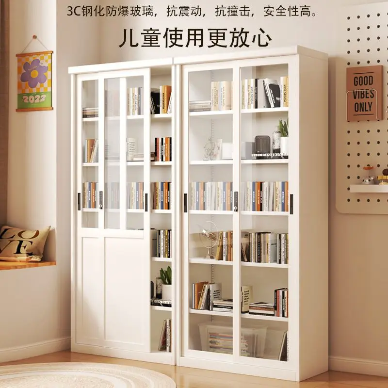 Household Dust-proof Bookcase With Sliding Door Library Children's Glass Door Shelf Integrated Wrought Iron Steel Bookshelf Fact