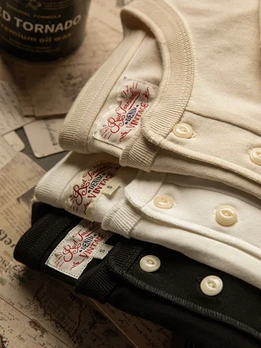 Imagen 2 del producto Camiseta Henley de manga corta Tornado rojo, camiseta de algodón pesado para hombre, camiseta de todos los días Amekaji