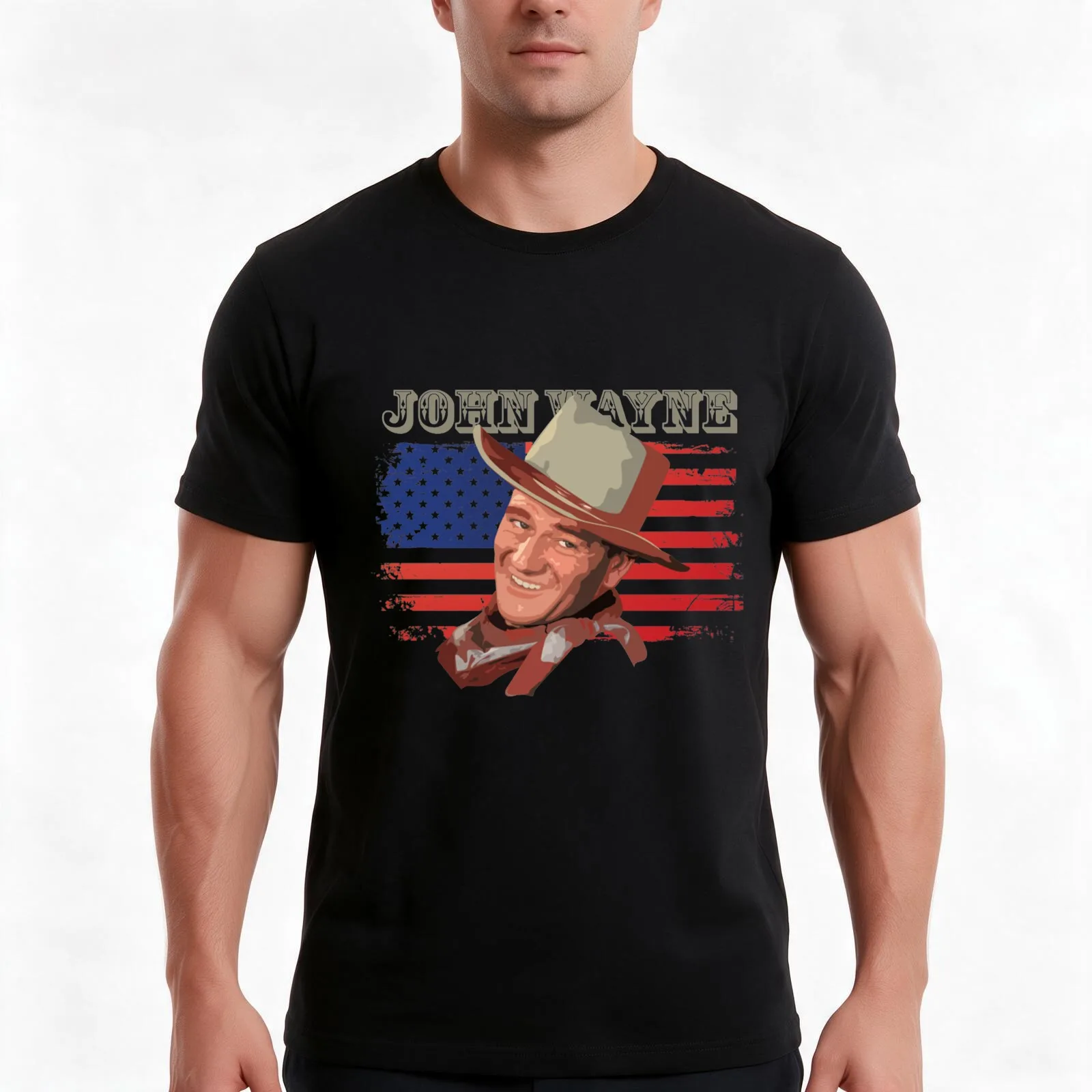 John Wayne T-Shirt, Summer Casual Cotton Tee, Oversized Streetwear Tops, Vintage Graphic Print, Loose Fit Short Sleeve