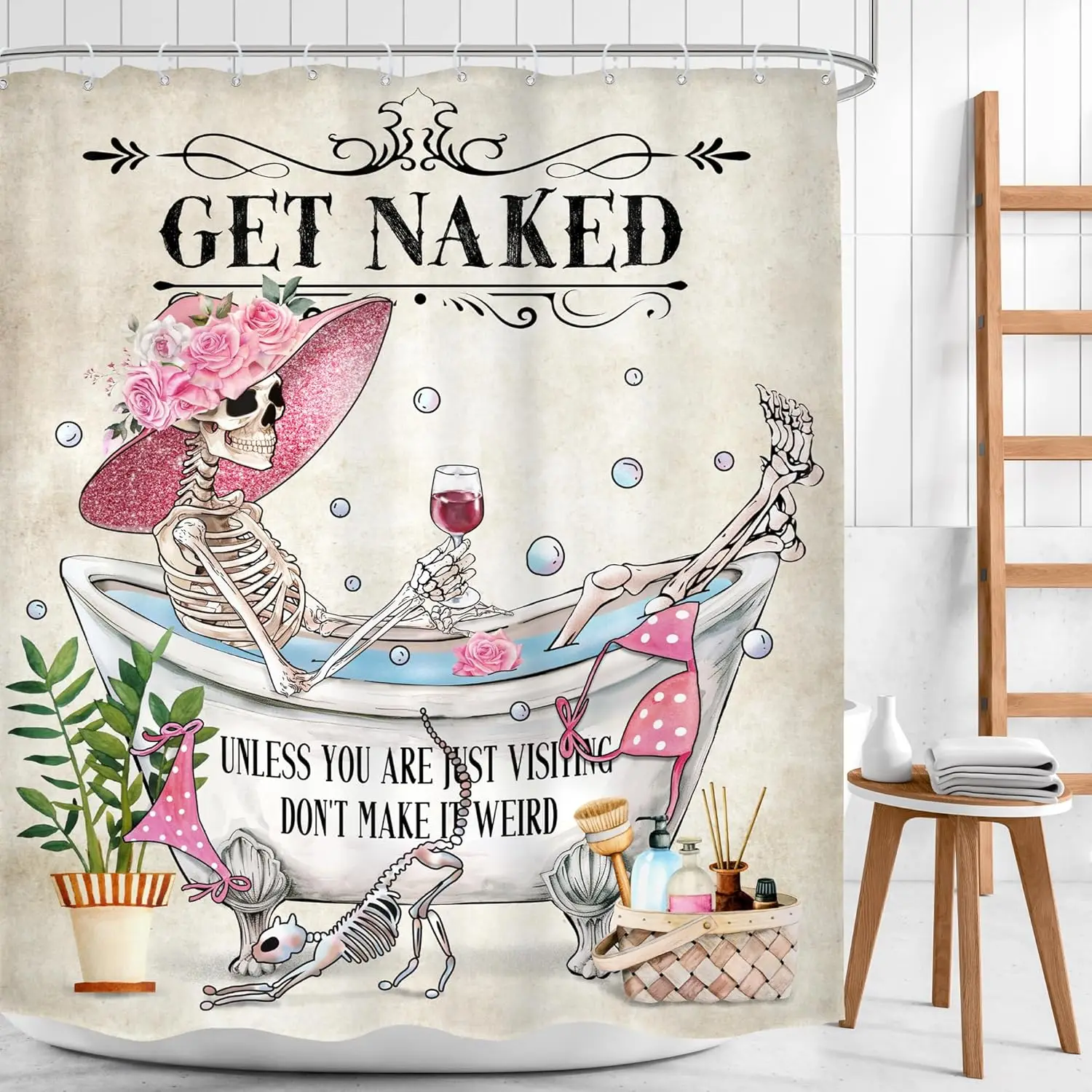 Funny Skeleton Bathtub Shower Curtain Pink Hat Skull Bathroom Decor Get Naked Quote Bath Curtain for Home Decoration