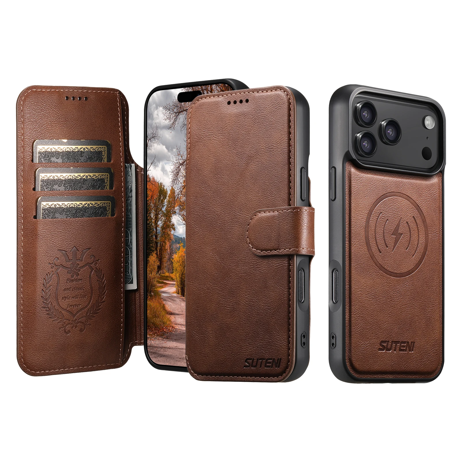 SUTENI Kunstleder Kabelloses Ladegerät Kartenhalter Ständer Brieftasche Magnetische Klapphülle Handyhülle für iPhone 18 Pro Max 17 16 Plus