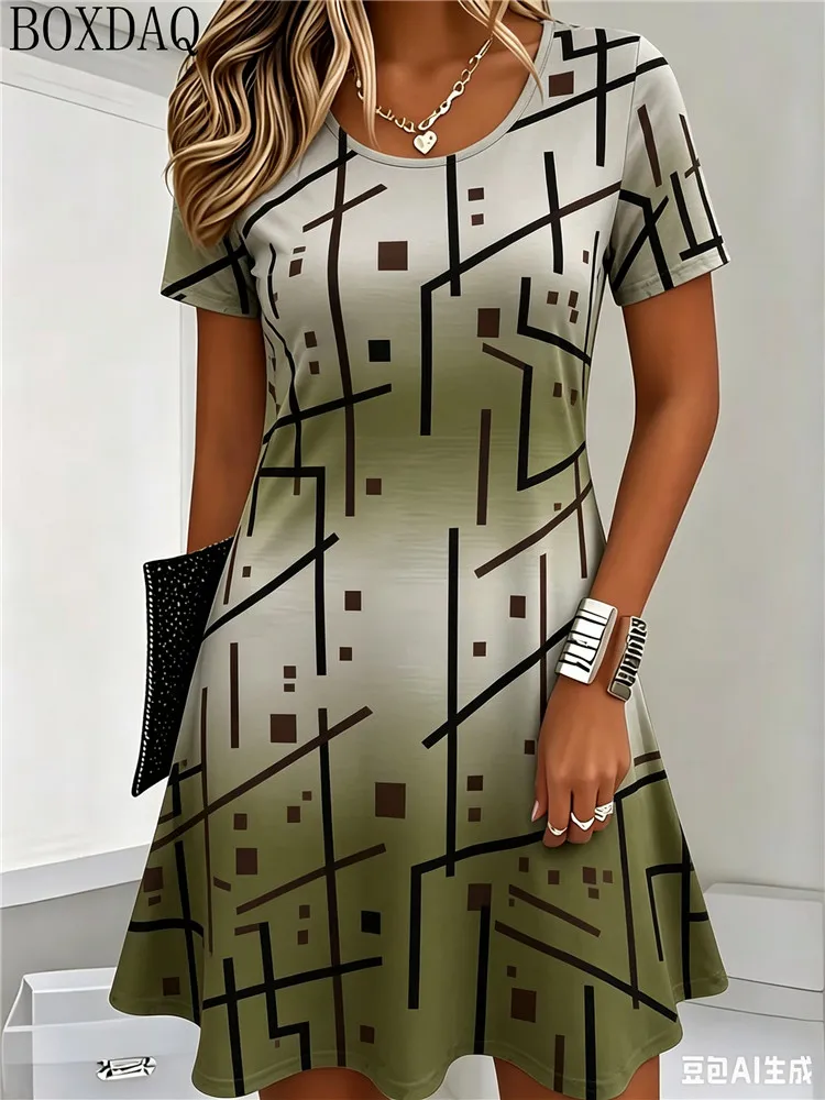 Summer Women's Dresses Casual Round Neck Short Sleeved Geometric Lines Abstract Pattern Printed Loose Dress