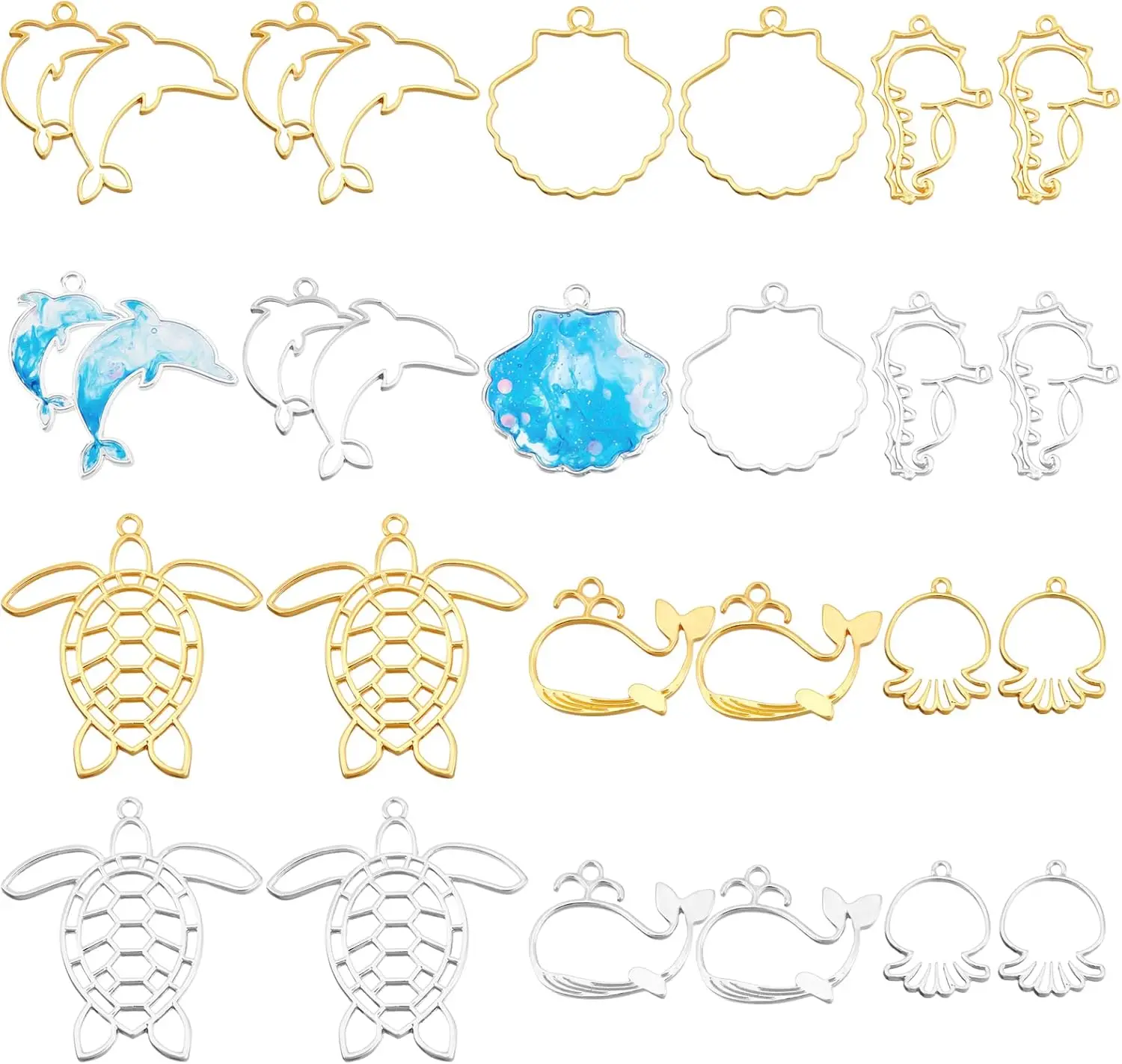 24Pcs Sea Theme Open Bezel Pendant 12-Style Alloy Frame Pendants Color-Lasting Hollow Dolphin Jellyfish Whale Resin Frames